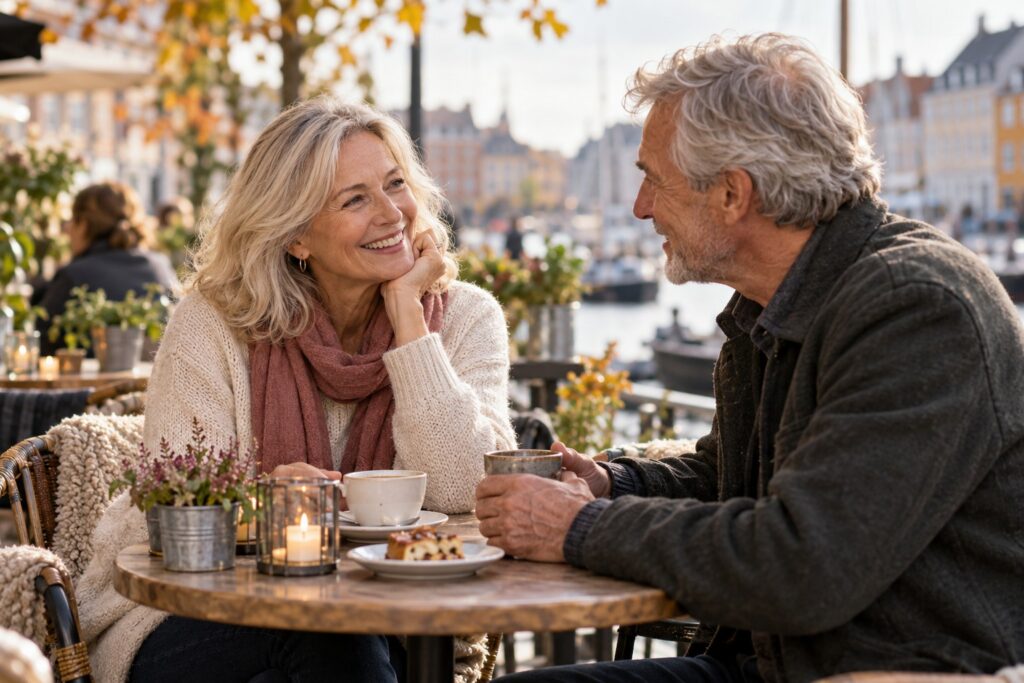 Moden kvinde og mand nyder en kaffedate på en caféterrasse
